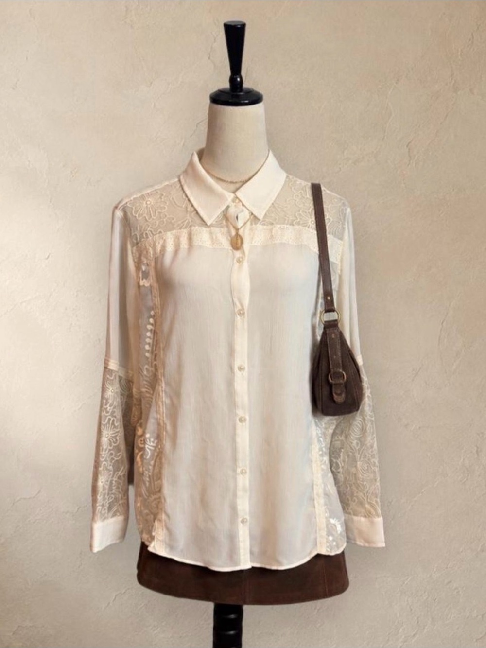 Chico's Cream Lace-Panel Button-Down Blouse